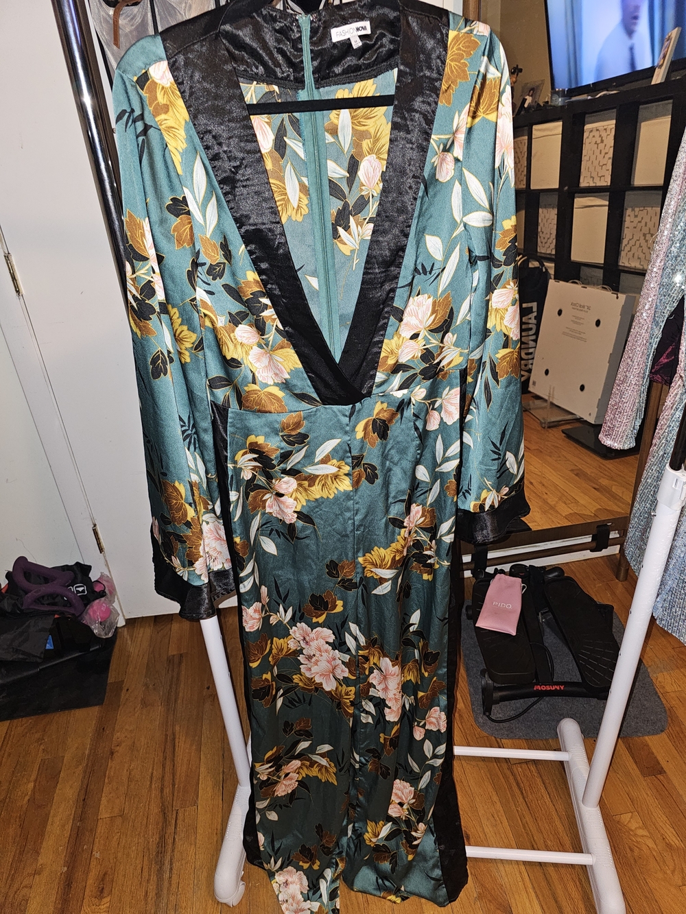 Fashion Nova Silky Teal Floral Long Jumpsuit with Black Trim